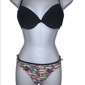 Black and floral bikini with bow (see description for sizing)
